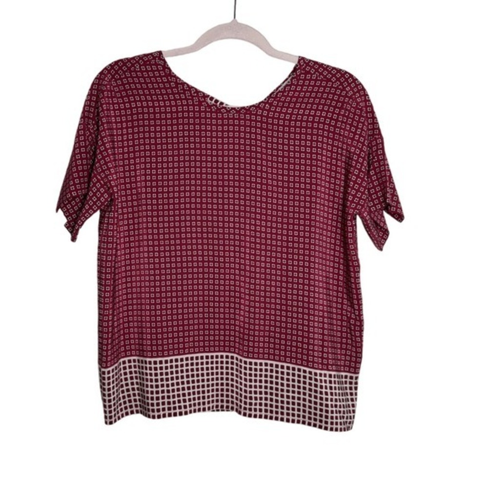 Madewell 100% Silk Bow Back Geometric Blouse Burgundy XS - Picture 2 of 6